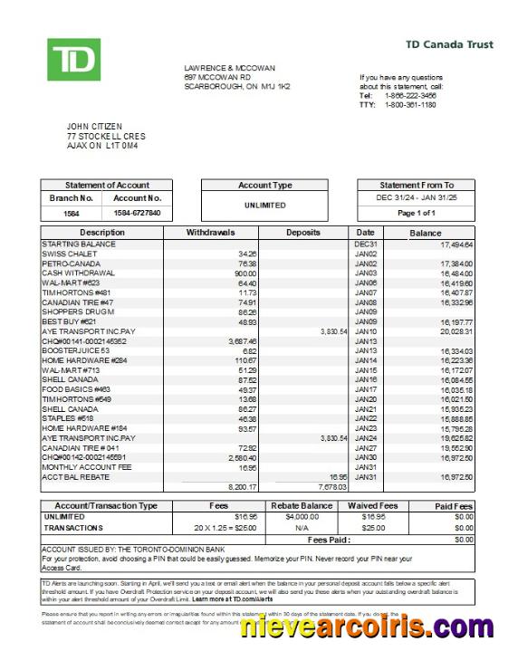 Canada TD Canada Trust bank statement in Excel and PDF formats